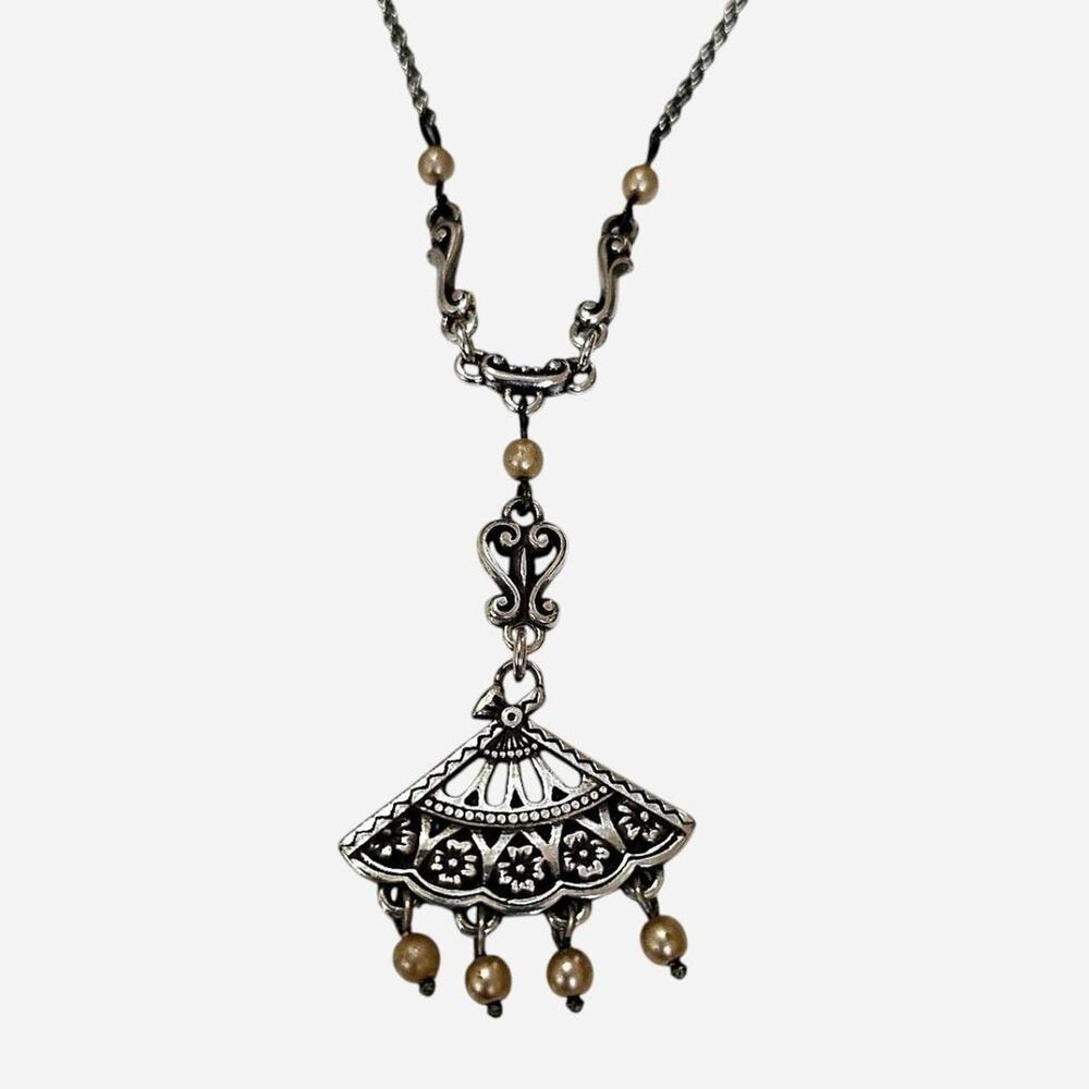 Retired Brighton Vintage Revival Silver Tone Fan Drop Necklace